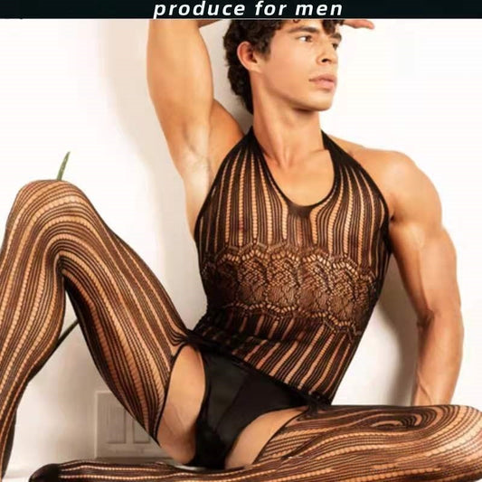 Men's Hollow Jacquard See-through Fishnet Clothes Leggings