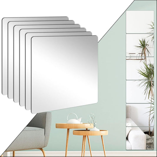 Glue Mirror, Shatterproof Mirror, Full-length Mirror, Wall-mounted Gel Full-length Mirror, 30cm X 30cm, 6-piece Set, Shatterproof Design, High-definition Mirror, Rounded Corner Treatment, Light Weight